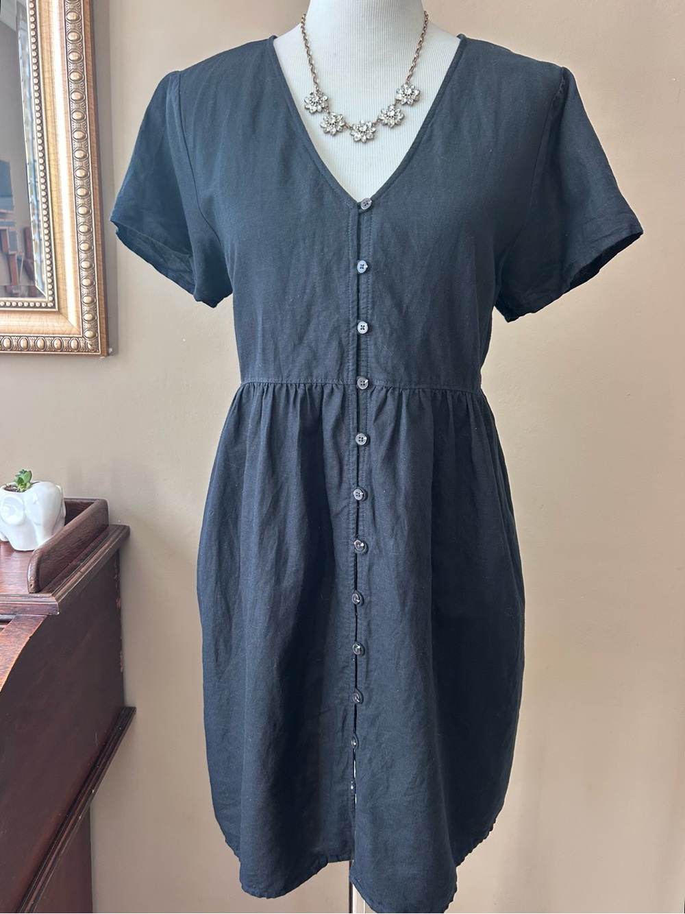Madewell Black Linen Alexandra Button-Front Mini Dress Size L - Picture 2 of 11